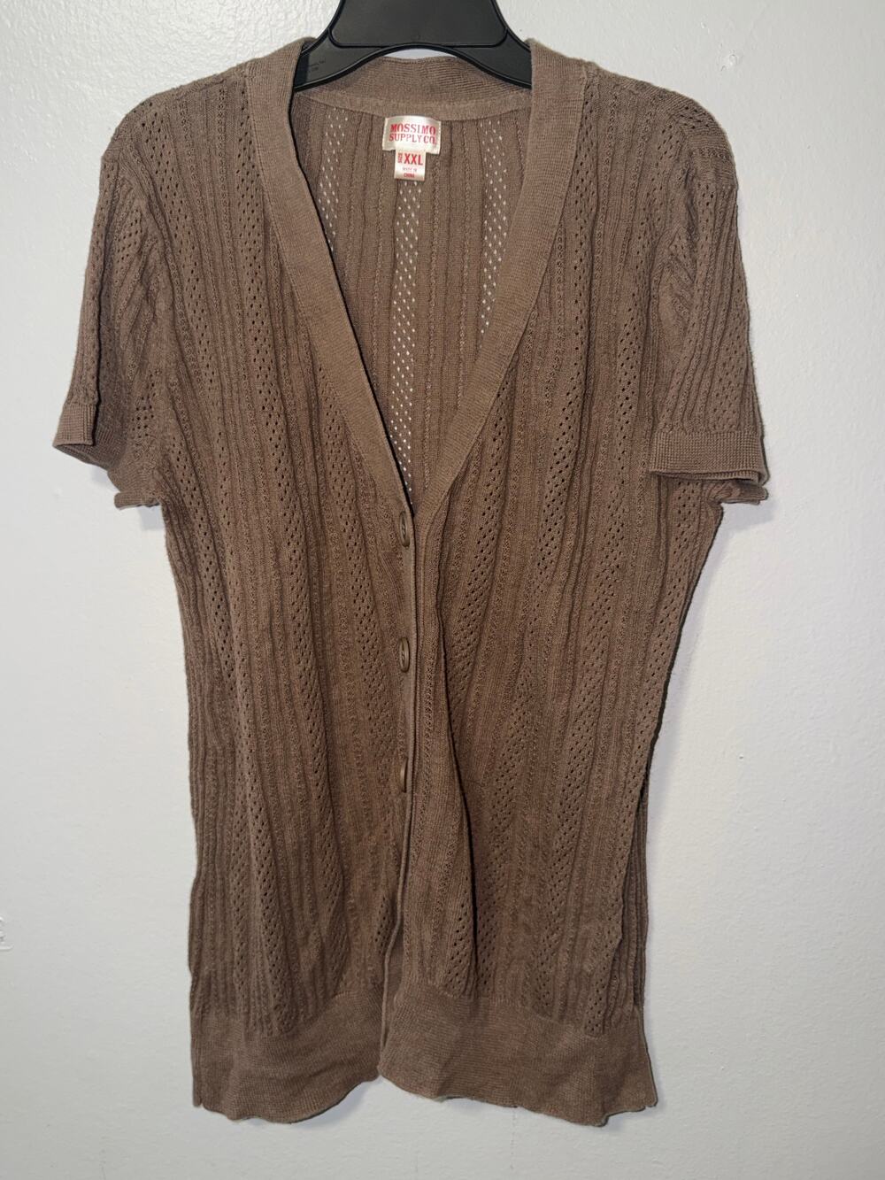 Mossimo Supply Co. Brown Short Sleeve Cardigan Sweater Pointelle Knit V-Neck But